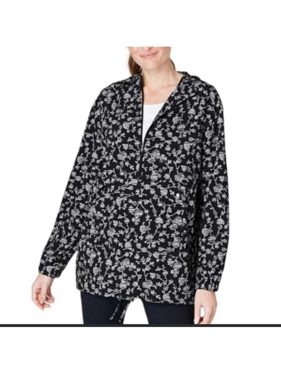 J. Jill Jackets & Blazers - J. Jill Fit On-The-Go Zip Front Hooded Jacket size M Wind Breaker Black Floral